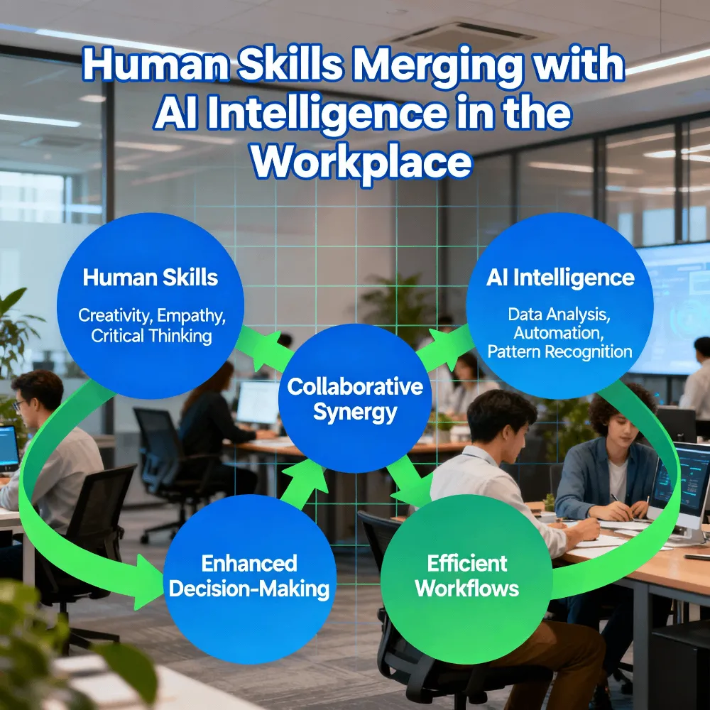 Image showing human skills merging with AI intelligence in the workplace - by Reema Batra Singh - CollectLo