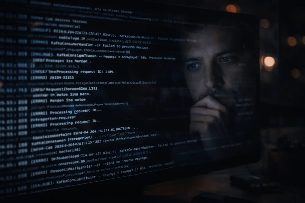 Logs scrolling on a dark screen, overlaid with a thoughtful face reflected in the monitor. - by Lakshay Singh - CollectLo
