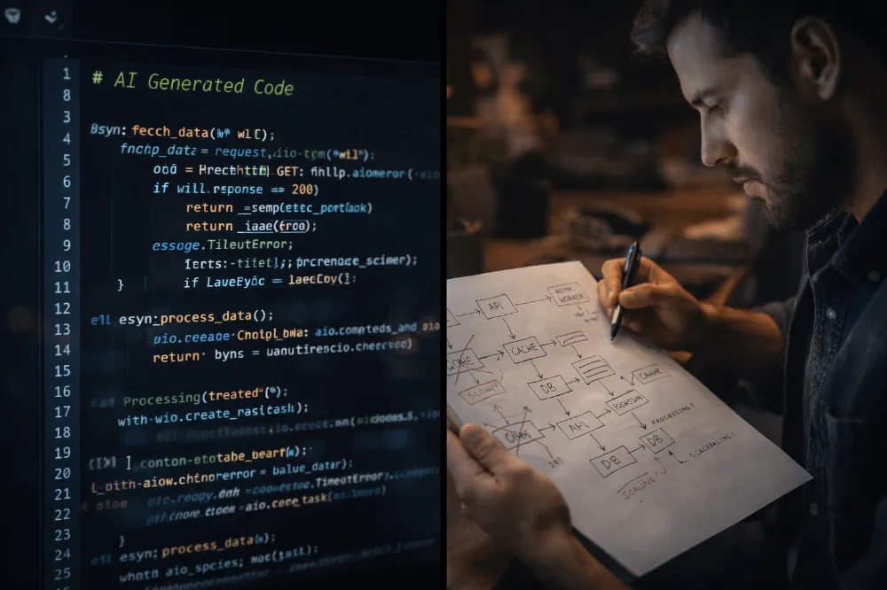 A split image: on one side, AI-generated code; on the other, a developer reviewing architecture diagrams. - by Lakshay Singh - CollectLo