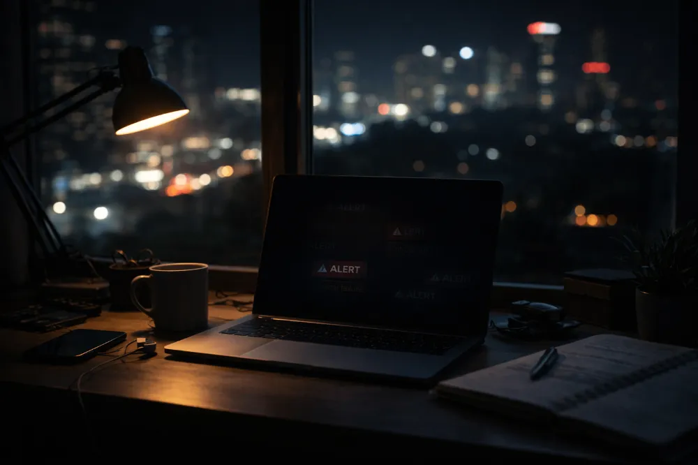 A laptop screen going black while notifications fade away, symbolizing loss of connection or power. - by Lakshay Singh - CollectLo