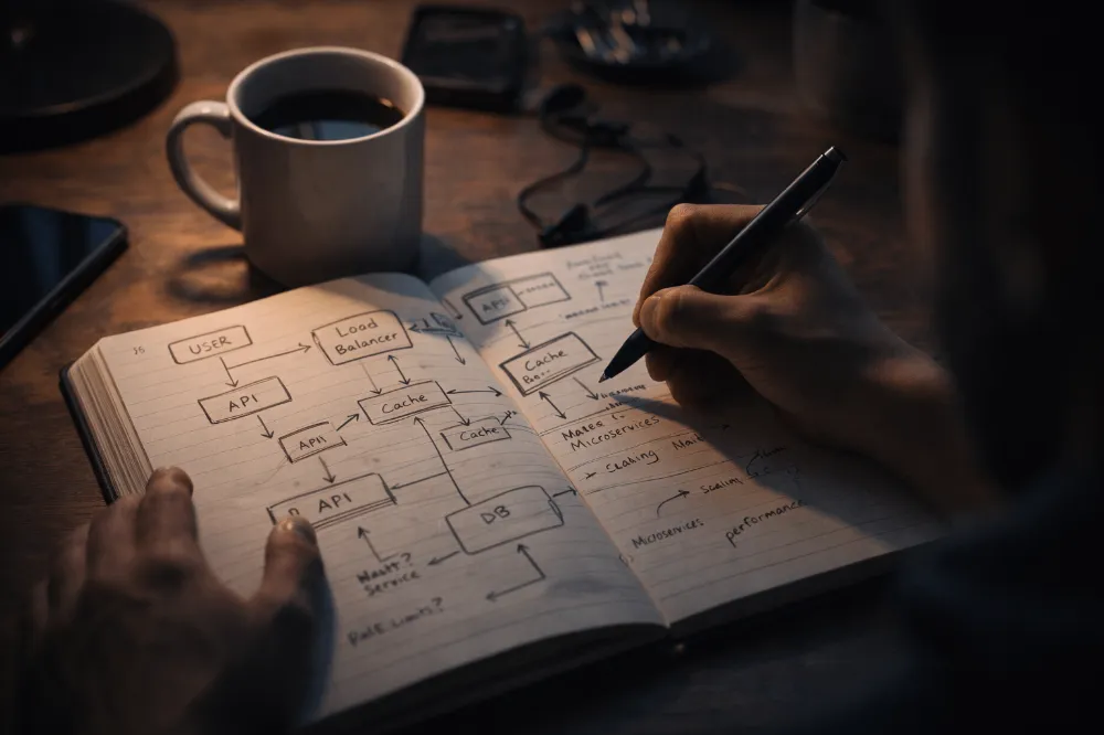 A developer sketching system architecture on paper with arrows and notes, coffee beside the notebook. - by Lakshay Singh - CollectLo
