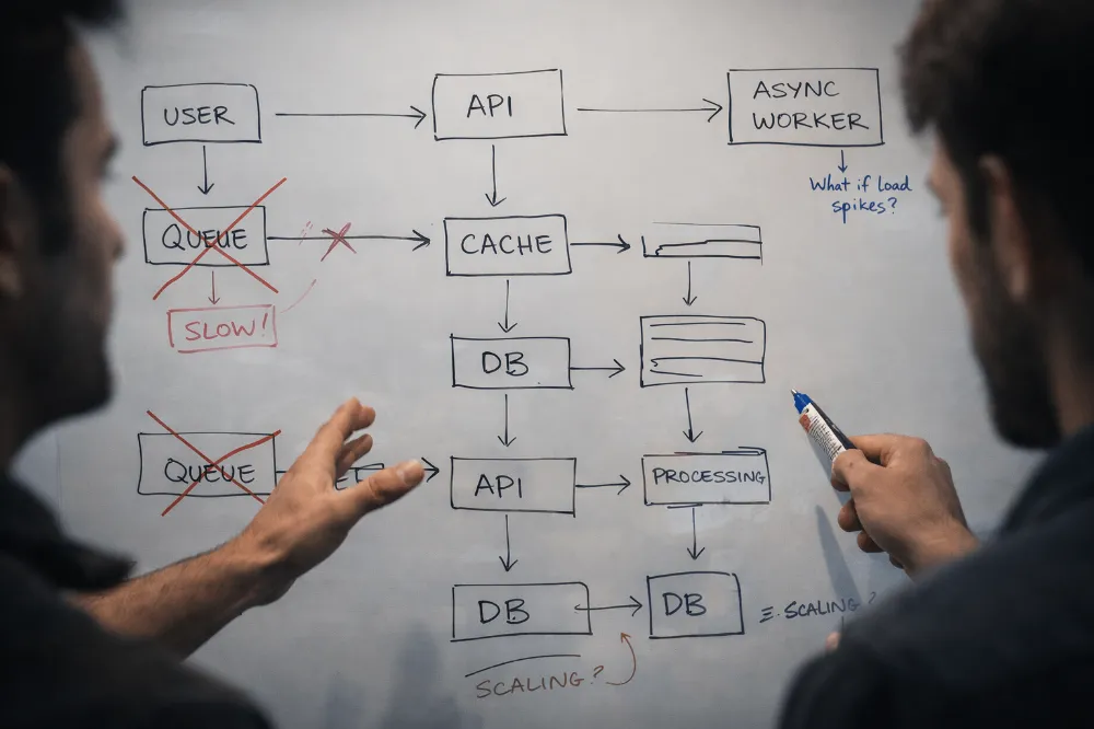 A whiteboard discussion with crossed-out ideas and rewritten flows, showing debate and iteration. - by Lakshay Singh - CollectLo